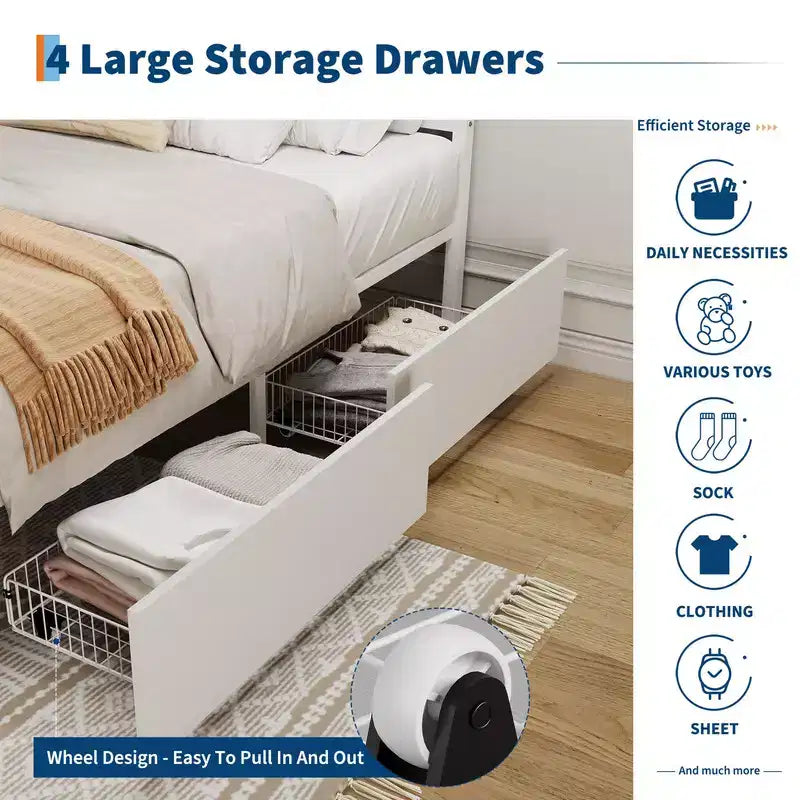 Struttura letto bohémien in rattan con testiera, struttura letto a piattaforma con 4 cassetti, robusto supporto a doghe in metallo, non è necessaria la rete a molle