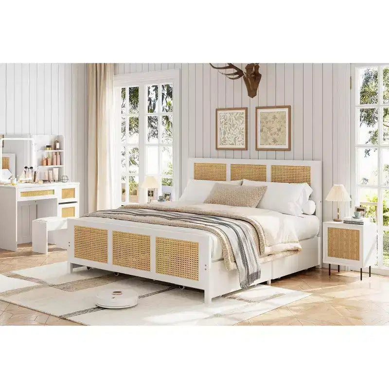 Struttura letto bohémien in rattan con testiera, struttura letto a piattaforma con 4 cassetti, robusto supporto a doghe in metallo, non è necessaria la rete a molle