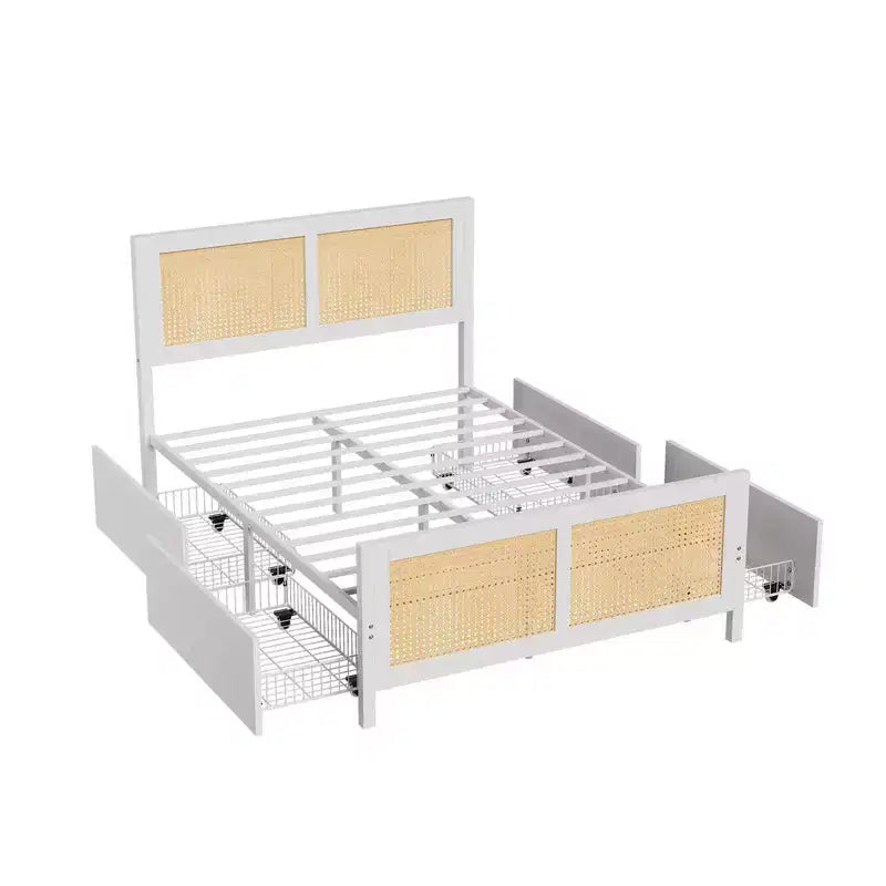 Struttura letto bohémien in rattan con testiera, struttura letto a piattaforma con 4 cassetti, robusto supporto a doghe in metallo, non è necessaria la rete a molle