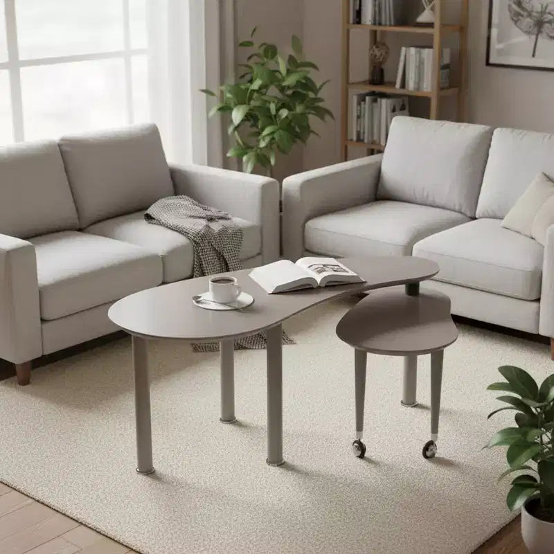Tavolino da caffè girevole a 360° con piano in MDF a 2 livelli e gambe in legno di gomma, tavolino moderno regolabile per soggiorno