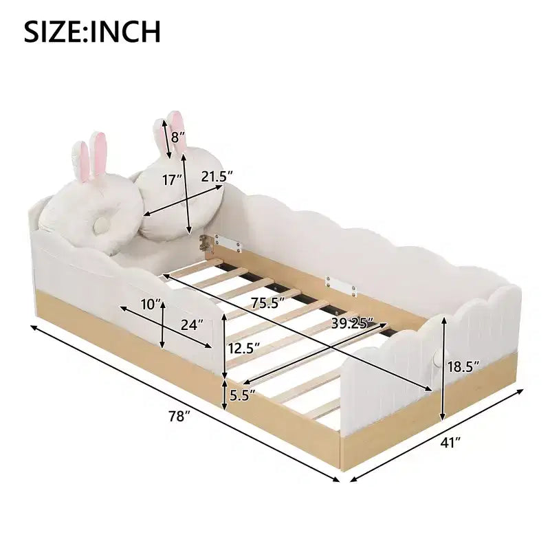 Letto a piattaforma singolo con cuscini, design incantevole e borse portaoggetti