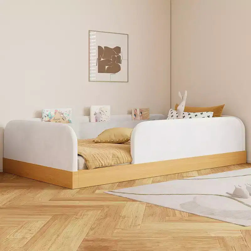 Letto a piattaforma singolo con cuscini, design incantevole e borse portaoggetti