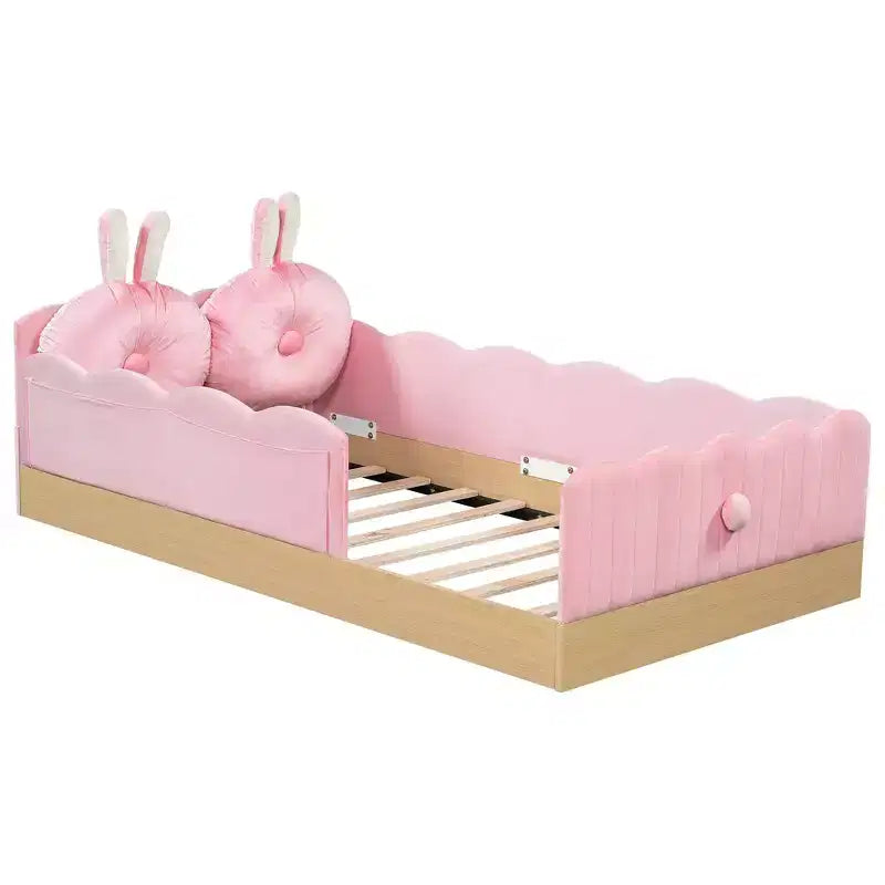 Letto a piattaforma singolo con cuscini, design incantevole e borse portaoggetti