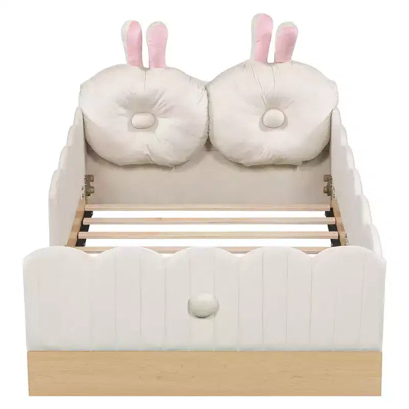 Letto a piattaforma singolo con cuscini, design incantevole e borse portaoggetti