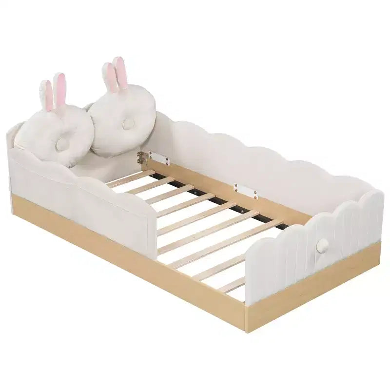 Letto a piattaforma singolo con cuscini, design incantevole e borse portaoggetti