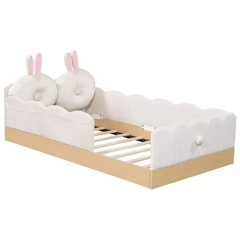 Letto a piattaforma singolo con cuscini, design incantevole e borse portaoggetti