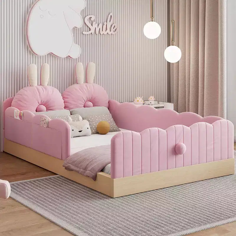 Letto a piattaforma singolo con cuscini, design incantevole e borse portaoggetti