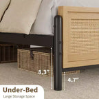 Struttura letto in legno naturale con testiera in rattan, letto matrimoniale king size Boho senza bisogno di rete a doghe