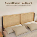 Struttura letto in legno naturale con testiera in rattan, letto matrimoniale king size Boho senza bisogno di rete a doghe
