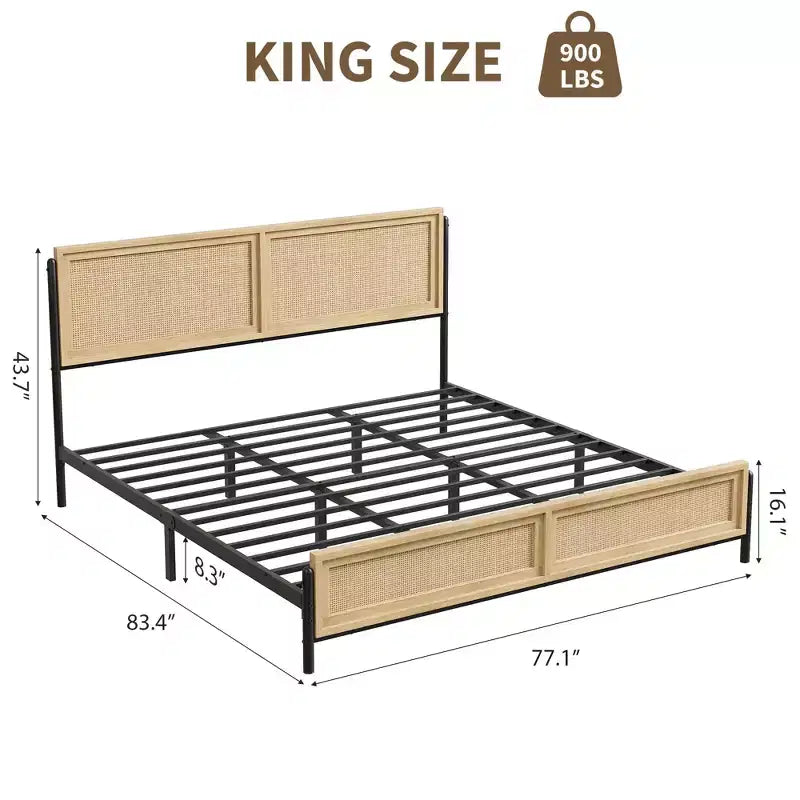Struttura letto in legno naturale con testiera in rattan, letto matrimoniale king size Boho senza bisogno di rete a doghe