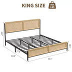 Struttura letto in legno naturale con testiera in rattan, letto matrimoniale king size Boho senza bisogno di rete a doghe