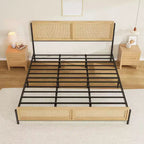 Struttura letto in legno naturale con testiera in rattan, letto matrimoniale king size Boho senza bisogno di rete a doghe