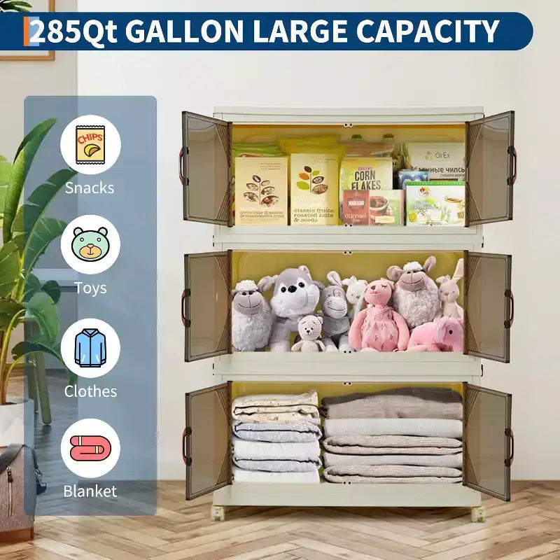 285QT Scatola Portaoggetti Impilabile, Scatola Portaoggetti in Plastica con Coperchio, Cassetto in Plastica con Sportello Magnetico e Ruote, Pieghevole Adatta per Casa, Dormitorio