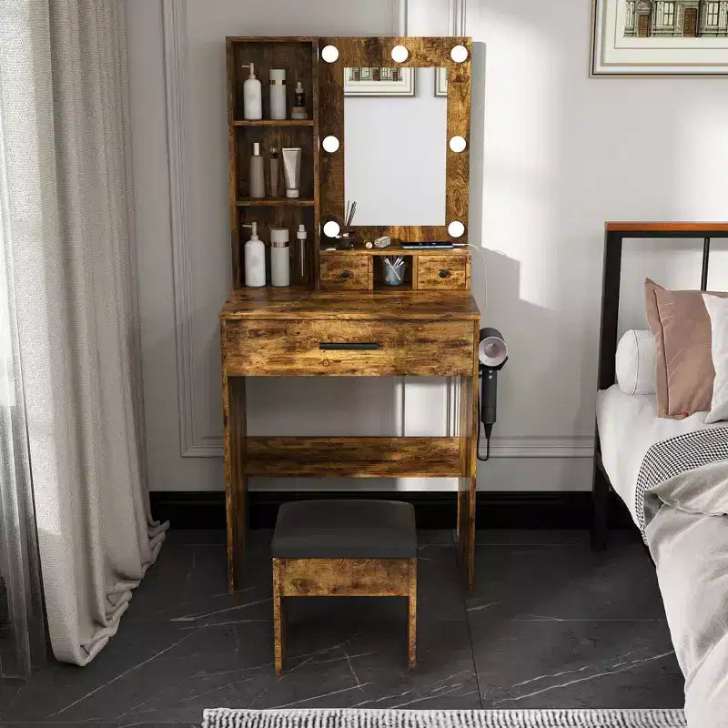 Toeletta con presa di corrente e porta-asciugacapelli, toeletta per trucco con specchio e sgabello imbottito, tavolo da trucco per camere da letto piccole