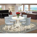 Tavolo da pranzo rotondo a 5 pezzi con top in legno massello finitura lino bianco e 4 sedie