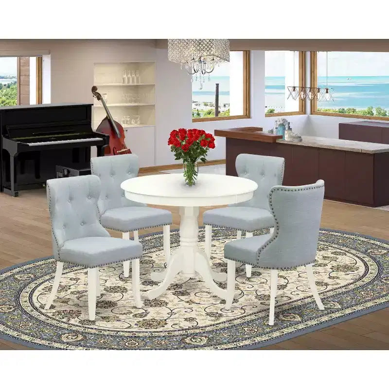 Tavolo da pranzo rotondo a 5 pezzi con top in legno massello finitura lino bianco e 4 sedie