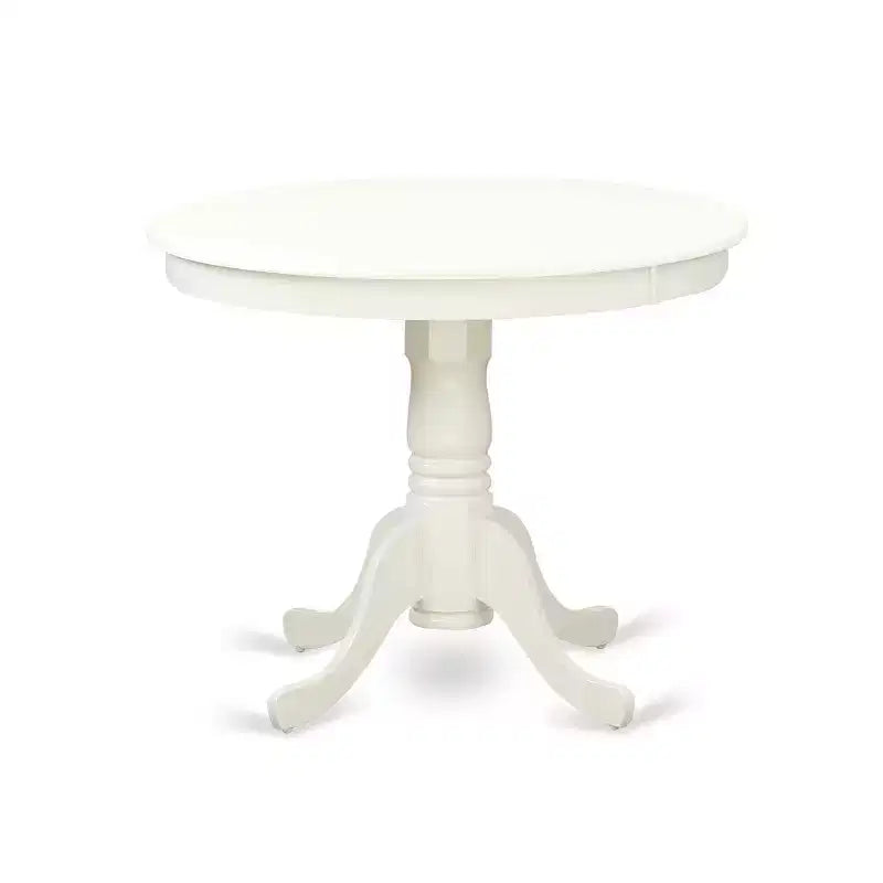 Tavolo da pranzo rotondo a 5 pezzi con top in legno massello finitura lino bianco e 4 sedie