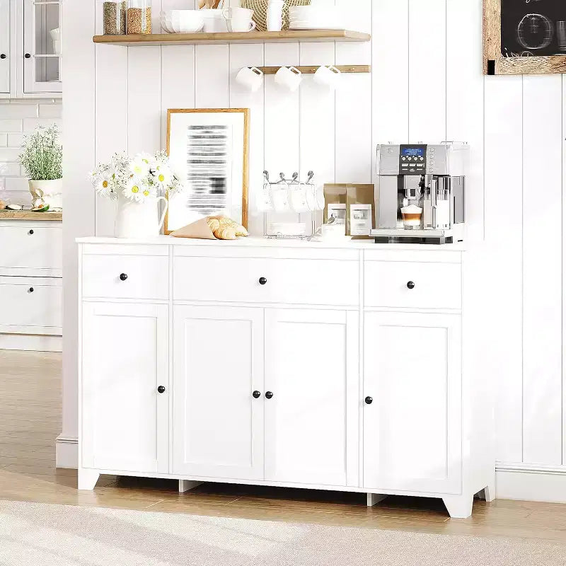 Mobile credenza buffet grande 55 pollici, mobile bar da cucina moderno in legno con 4 ante, 3 cassetti e ripiani regolabili per sala da pranzo cucina