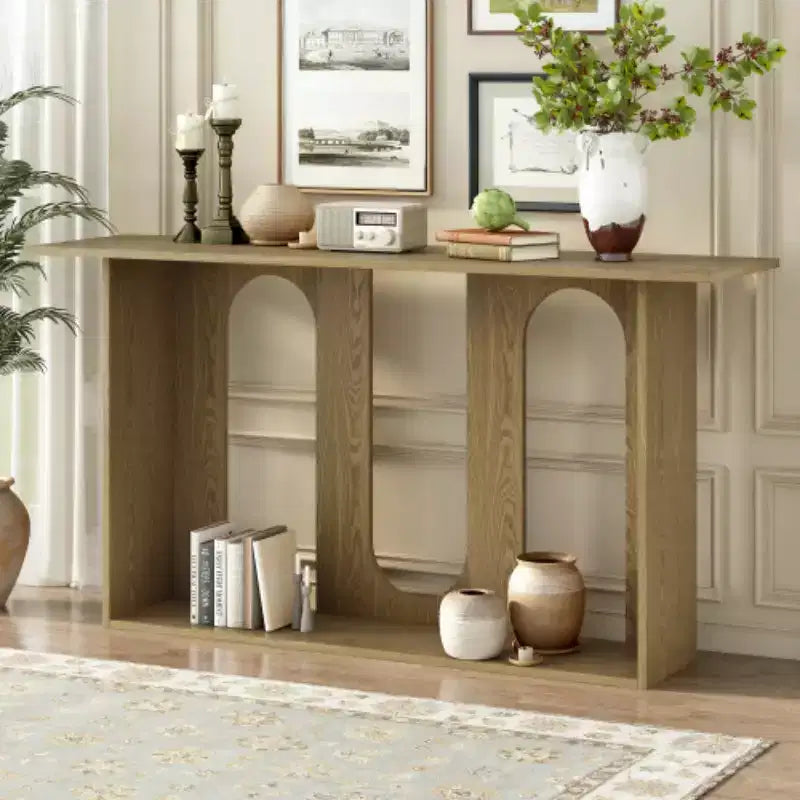 Consolle dal design curvo moderno blu con ripiano aperto, consolle eleganti per ingresso o soggiorno, come mobile contenitore o espositivo