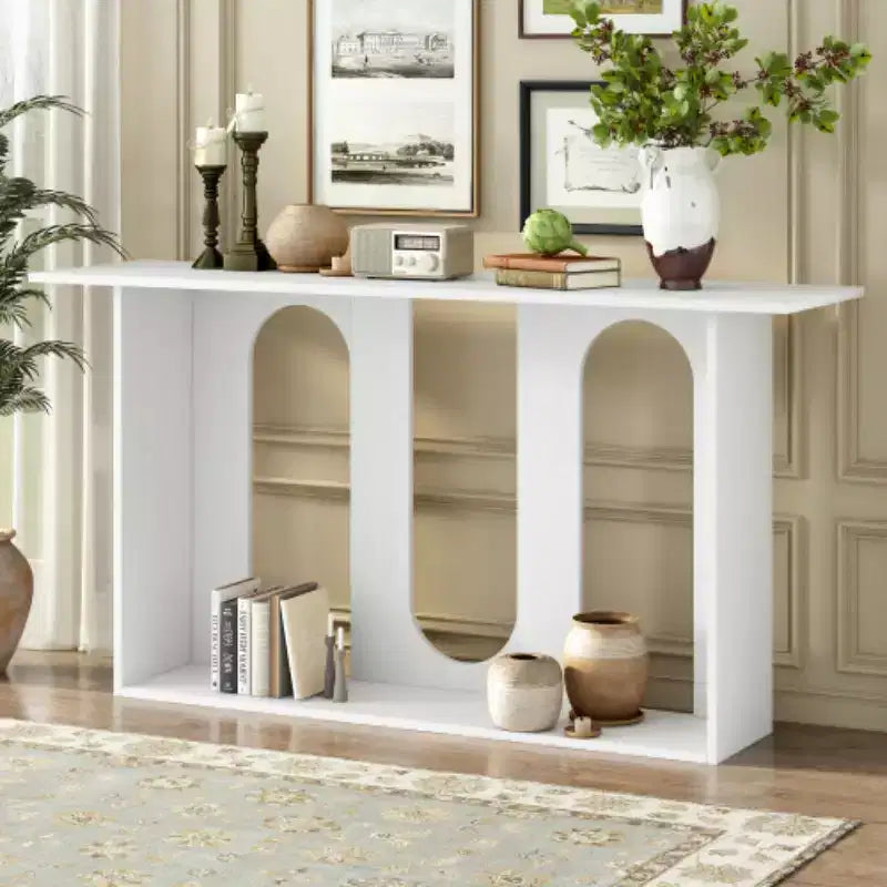 Consolle dal design curvo moderno blu con ripiano aperto, consolle eleganti per ingresso o soggiorno, come mobile contenitore o espositivo