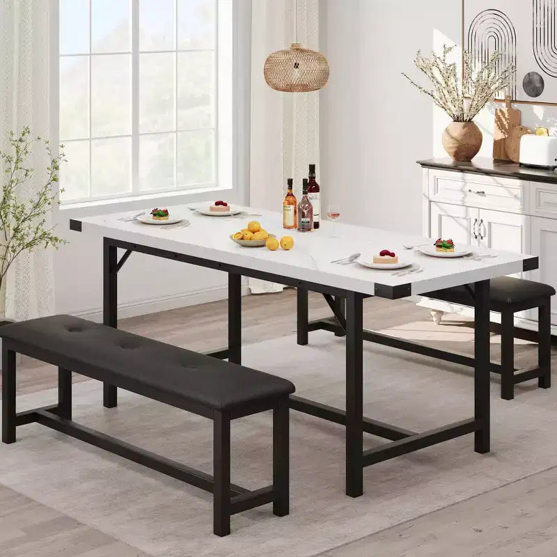 Set da pranzo allungabile 3 pezzi con 2 panche imbottite, set dinette in legno con struttura in metallo per 4-8 persone, cucina per piccoli spazi