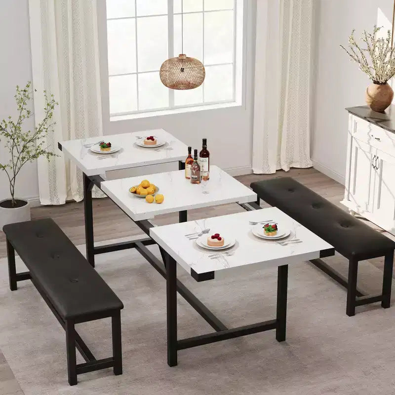 Set da pranzo allungabile 3 pezzi con 2 panche imbottite, set dinette in legno con struttura in metallo per 4-8 persone, cucina per piccoli spazi