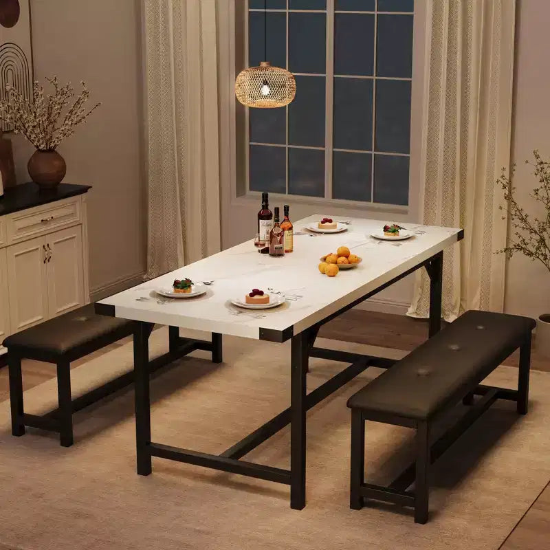 Set da pranzo allungabile 3 pezzi con 2 panche imbottite, set dinette in legno con struttura in metallo per 4-8 persone, cucina per piccoli spazi