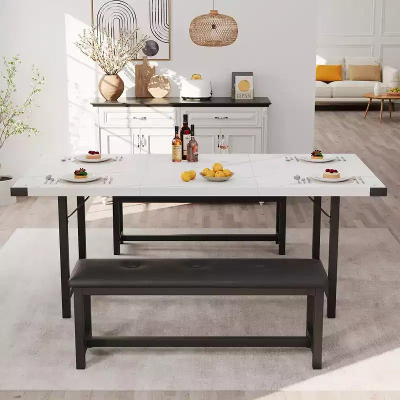 Set da pranzo allungabile 3 pezzi con 2 panche imbottite, set dinette in legno con struttura in metallo per 4-8 persone, cucina per piccoli spazi