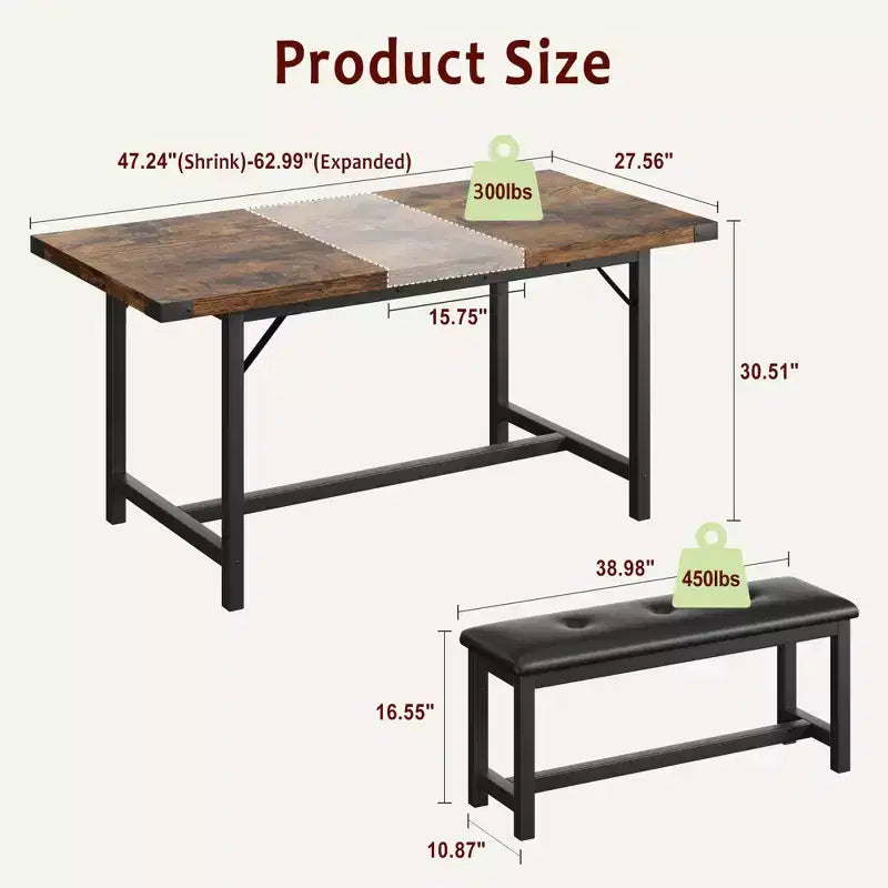 Set da pranzo allungabile 3 pezzi con 2 panche imbottite, set dinette in legno con struttura in metallo per 4-8 persone, cucina per piccoli spazi