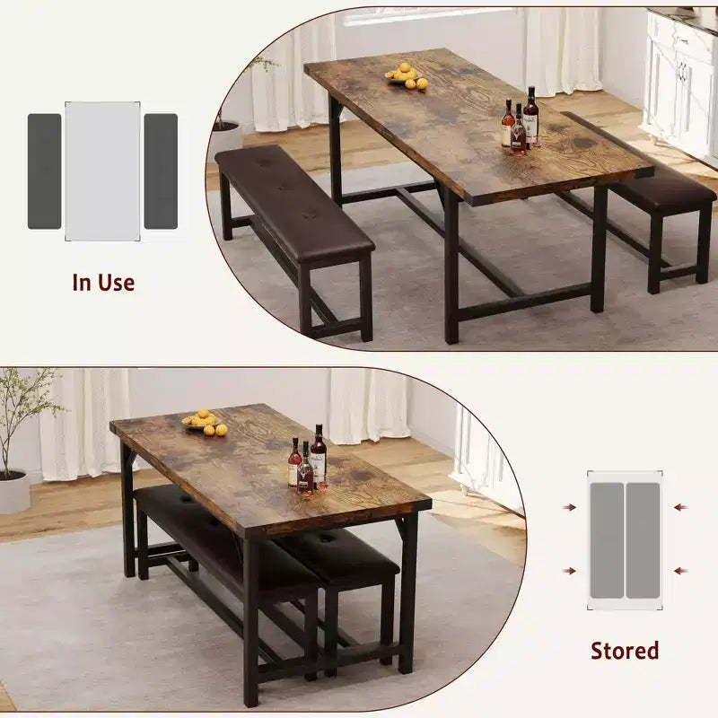 Set da pranzo allungabile 3 pezzi con 2 panche imbottite, set dinette in legno con struttura in metallo per 4-8 persone, cucina per piccoli spazi