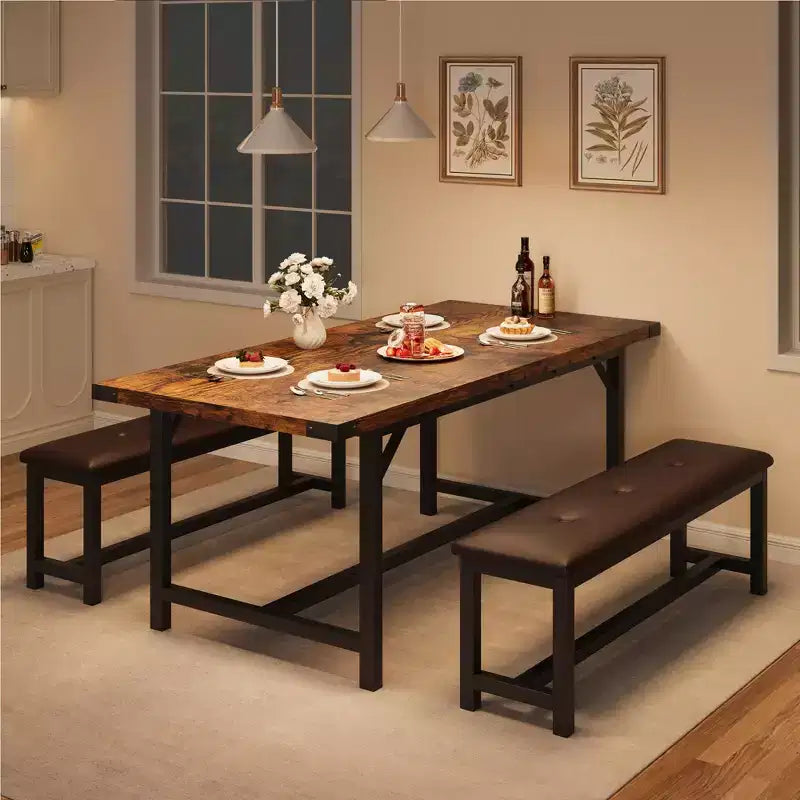 Set da pranzo allungabile 3 pezzi con 2 panche imbottite, set dinette in legno con struttura in metallo per 4-8 persone, cucina per piccoli spazi