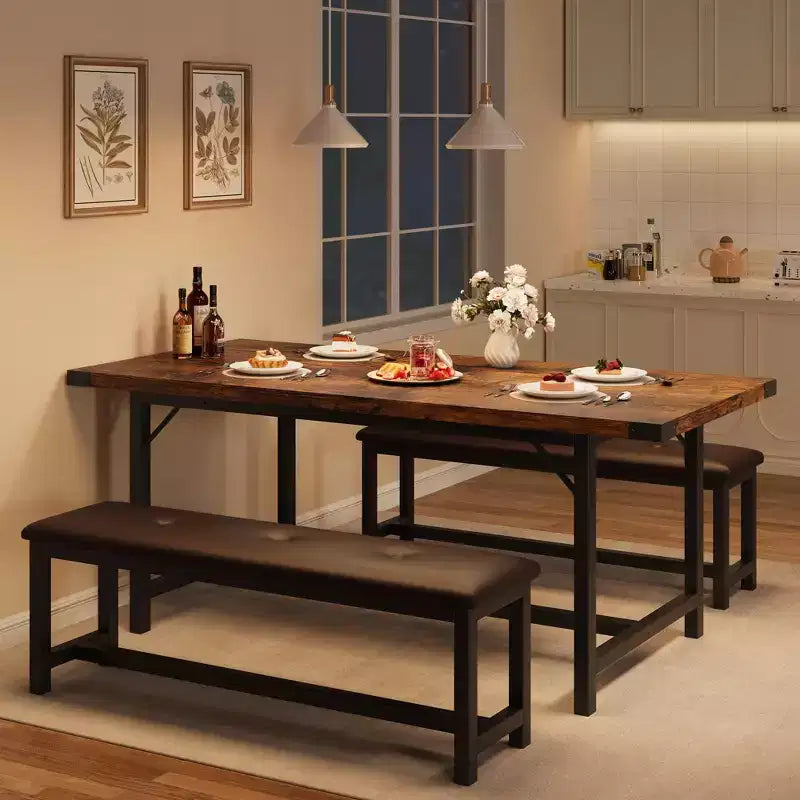 Set da pranzo allungabile 3 pezzi con 2 panche imbottite, set dinette in legno con struttura in metallo per 4-8 persone, cucina per piccoli spazi