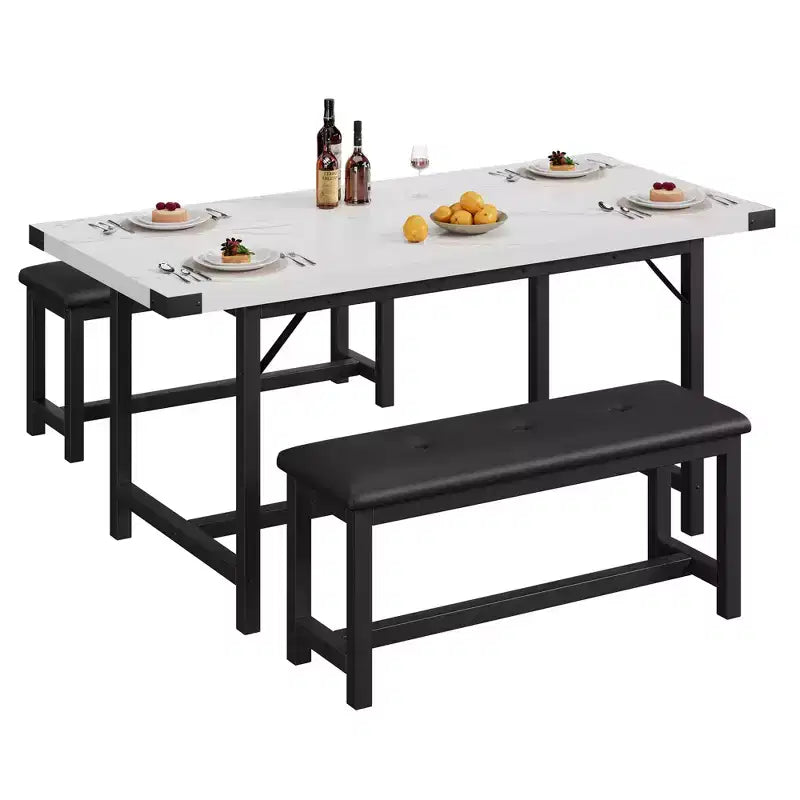 Set da pranzo allungabile 3 pezzi con 2 panche imbottite, set dinette in legno con struttura in metallo per 4-8 persone, cucina per piccoli spazi