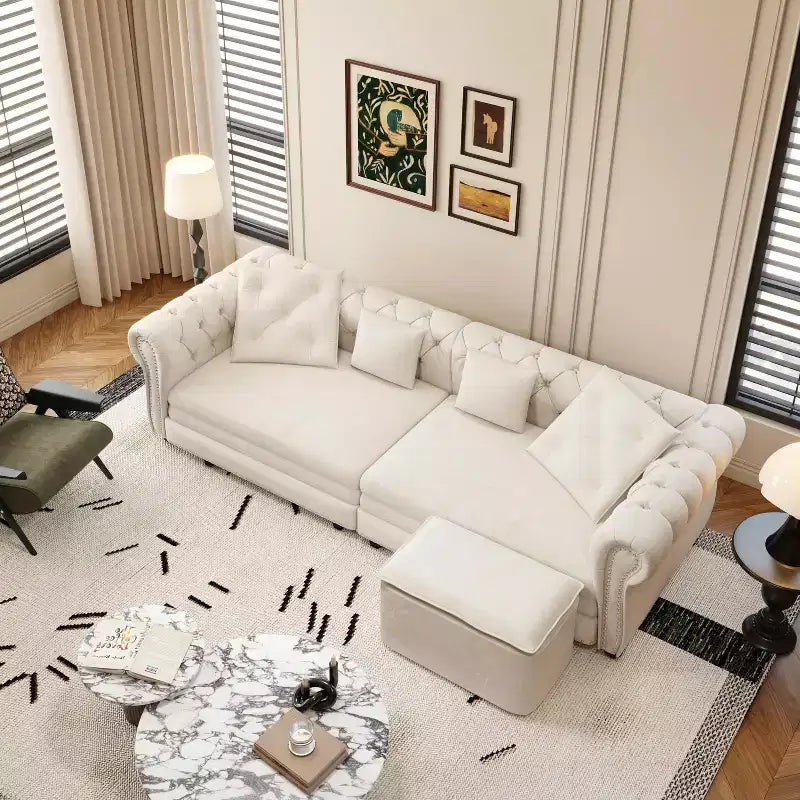 Divano a 3 posti in velluto 89 con pouf mobile, divano letto estraibile 3 in 1