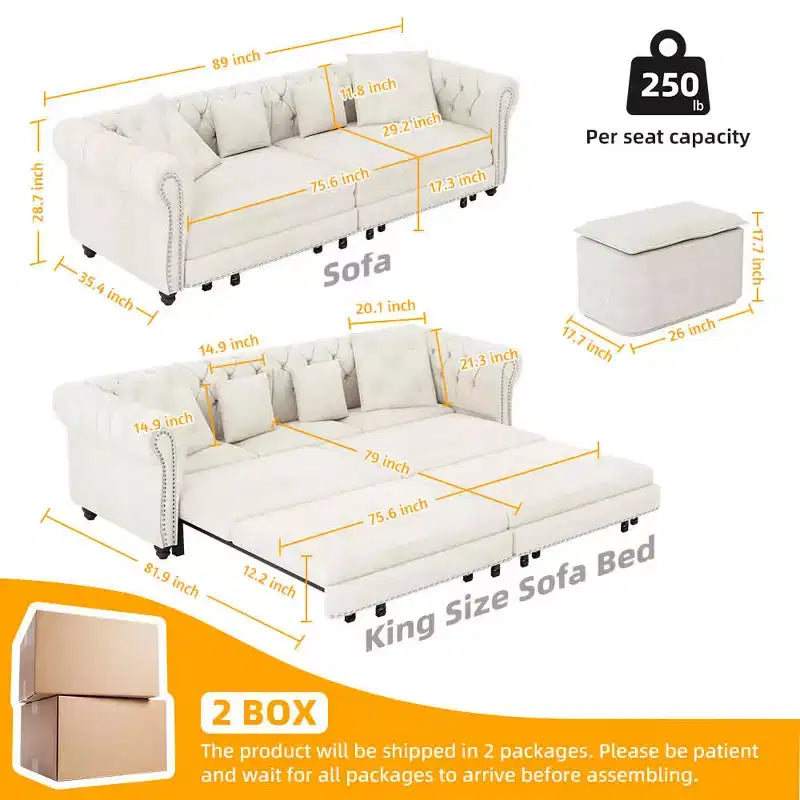 Divano a 3 posti in velluto 89 con pouf mobile, divano letto estraibile 3 in 1