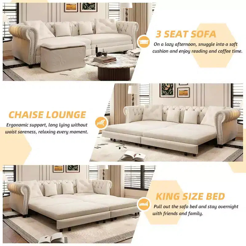 Divano a 3 posti in velluto 89 con pouf mobile, divano letto estraibile 3 in 1
