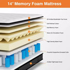 Materasso Matrimoniale 14 Pollici, Materasso in Memory Foam, Materasso Ibrido Rinfrescante con Gel, Letto in Scatola a Media Fermezza per Alleviare la Pressione e Isolare il Movimento