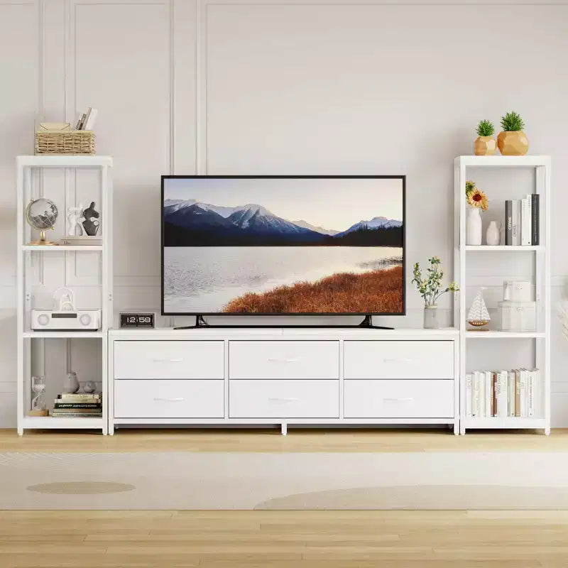 Mobile TV per TV da 75 pollici, mobile multimediale con luci LED e prese di corrente, 6 cassetti e mensole