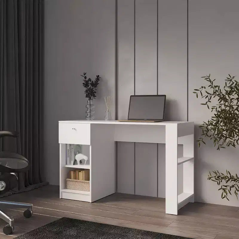 Scrivania per Computer da 120 cm, Scrivania da Studio con Cassetto, Vano a Giorno, Scrivania Moderna con Due Ripiani, Scrivania per Ufficio Domestico, Studio, Piccoli Spazi