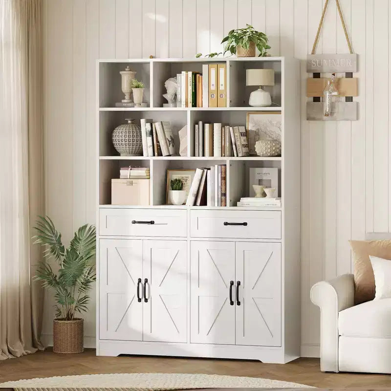 Libreria alta 180 cm con 2 cassetti e 4 ante, libreria moderna grande da 120 cm a 6 ripiani e armadio porta libri con ripiani per il soggiorno di casa