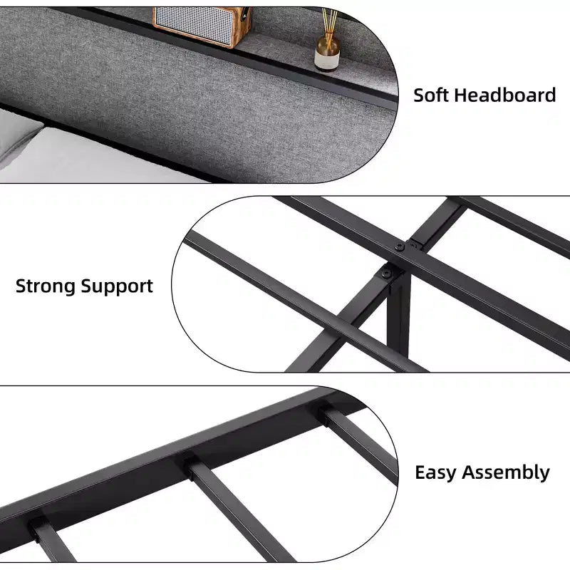 Telaio letto King Size con 2 cassetti portaoggetti, telai letto moderni con testiera a scaffale imbottita, senza rumore, non necessita di rete a molle, grigio