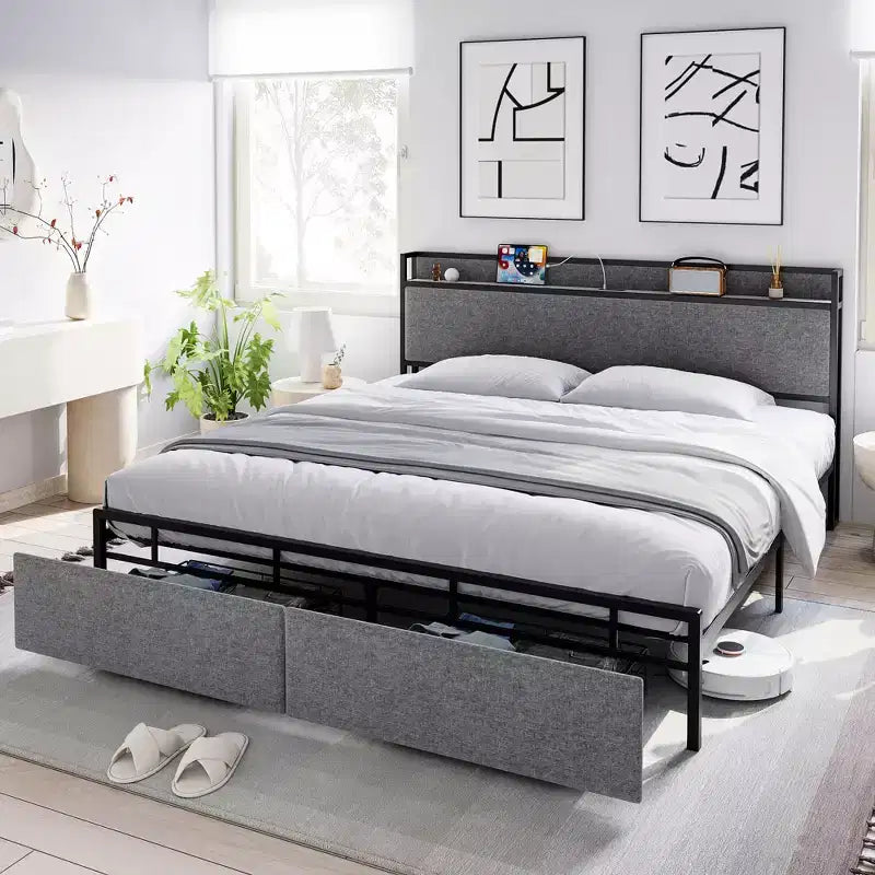 Telaio letto King Size con 2 cassetti portaoggetti, telai letto moderni con testiera a scaffale imbottita, senza rumore, non necessita di rete a molle, grigio