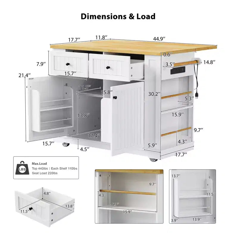 Carrello da Cucina con Isola, Ribaltina, Mobile Contenitore e Ruote