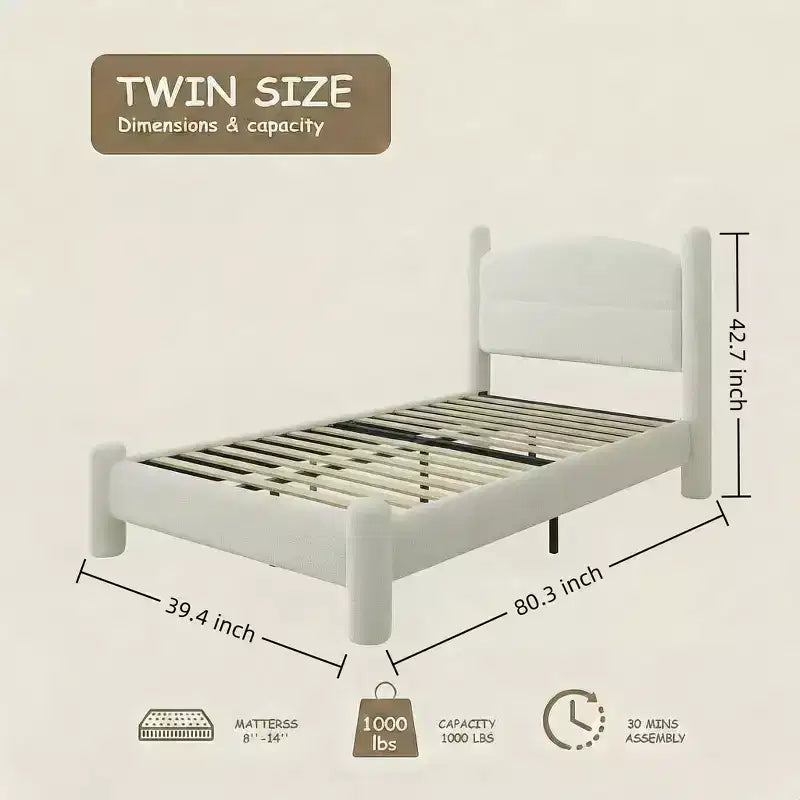 Letto Imbottito in Tessuto Bouclé, Letto a Piattaforma Cloud con Morbida Testiera Rotonda e Gambe Robuste, Nessuna Rete a Molle Necessaria, Bianco, Facile da Montare, Giroletto