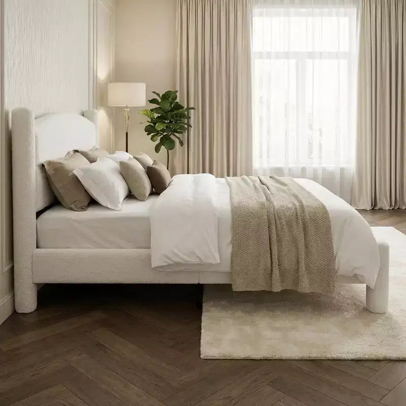 Letto Imbottito in Tessuto Bouclé, Letto a Piattaforma Cloud con Morbida Testiera Rotonda e Gambe Robuste, Nessuna Rete a Molle Necessaria, Bianco, Facile da Montare, Giroletto