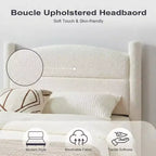 Letto Imbottito in Tessuto Bouclé, Letto a Piattaforma Cloud con Morbida Testiera Rotonda e Gambe Robuste, Nessuna Rete a Molle Necessaria, Bianco, Facile da Montare, Giroletto