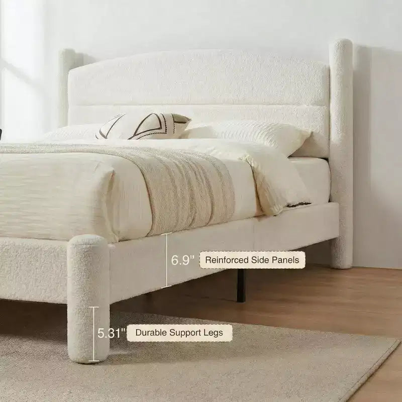 Letto Imbottito in Tessuto Bouclé, Letto a Piattaforma Cloud con Morbida Testiera Rotonda e Gambe Robuste, Nessuna Rete a Molle Necessaria, Bianco, Facile da Montare, Giroletto