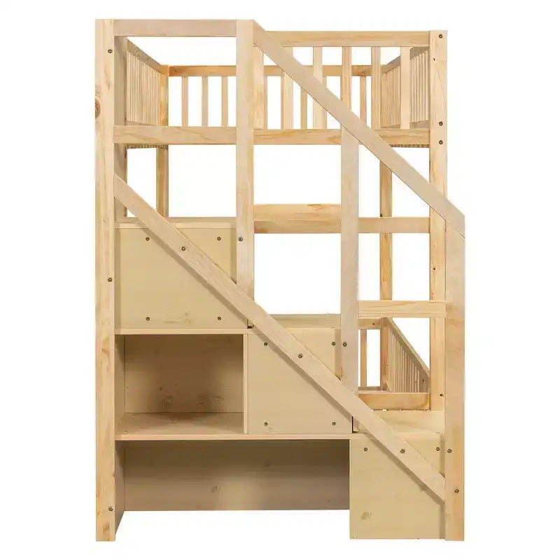 Letto a castello Twin su Twin con struttura e sponde a forma di staccionata, scaletta con contenitore