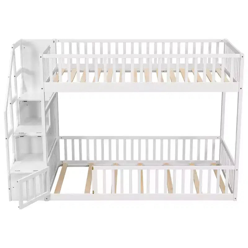 Letto a castello Twin su Twin con struttura e sponde a forma di staccionata, scaletta con contenitore