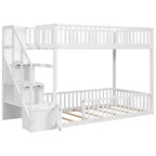 Letto a castello Twin su Twin con struttura e sponde a forma di staccionata, scaletta con contenitore